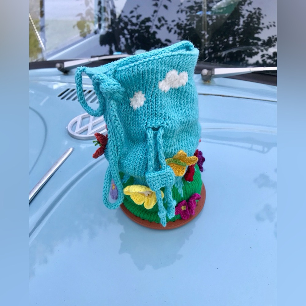 Handmade Knit & Crochet Nice Day Round Small Floral Butterfly Crossbody Bag - Picture 14 of 16